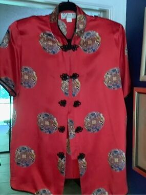Ling Yun Red Silk Satin Mandarin Collar Tunic with Embroidered Medallions